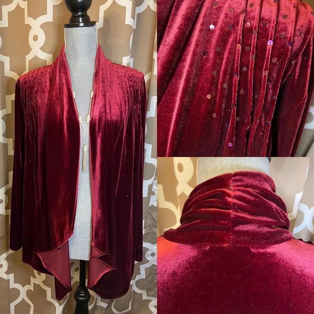 Burgundy Velour Sequin Flyaway Cardigan Petite